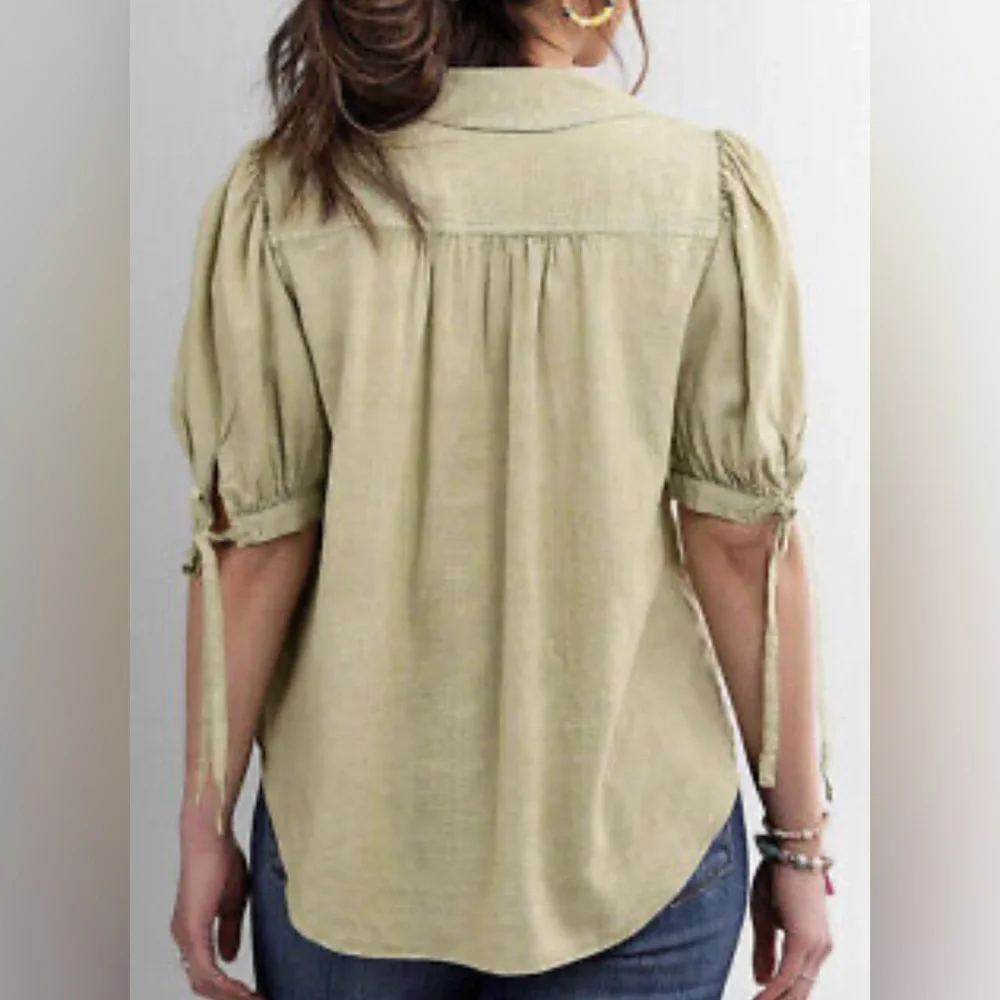 Free People Olive Green Utility Puff Sleeve Button Front Blouse